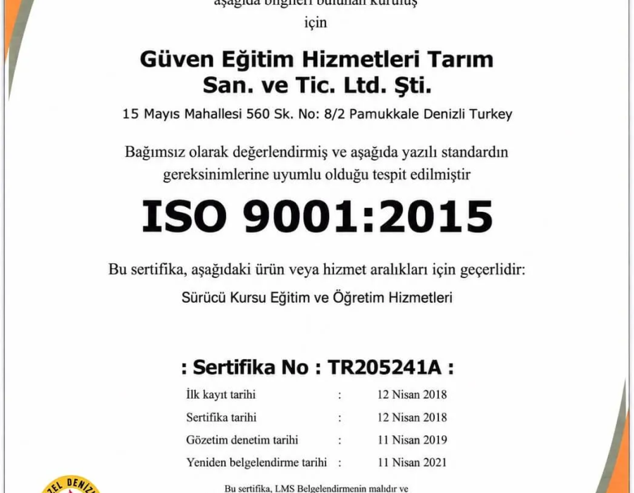 Güven Sürücü Kursu: ISO kalite belgemiz